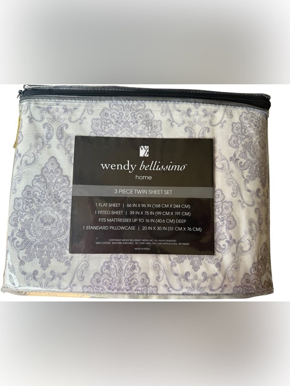 Wendy Bellissimo Twin Sheet Set 3 Pc 100% Cotton Light Lavender Damask New